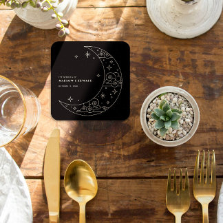 Black Moon & Stars Hemelse Trouwreceptie Kartonnen Onderzetters