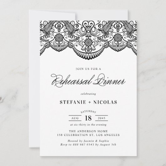 Black Moroccan Lace Rehearsal Dinner Invitation Kaart (Voorkant)
