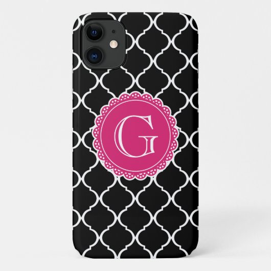 Black Moroccan Lattice Pattern Hot Pink Monogram Case-Mate iPhone Case (Achterkant)