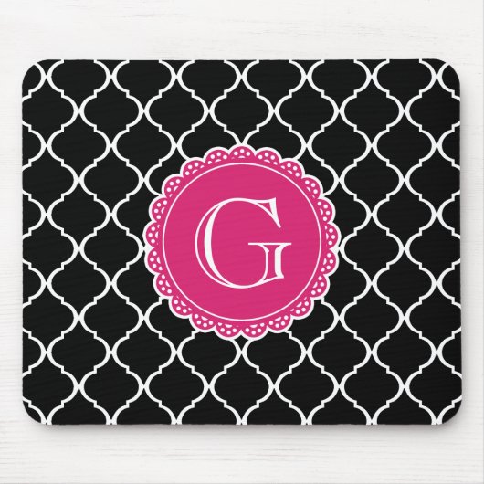 Black Moroccan Lattice Pattern Hot Pink Monogram Muismat (Voorkant)