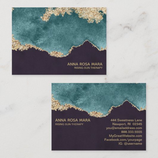 *~* Black Moss Blauwgroen Agate Geode Gold Glitter Visitekaartje (Voorkant / Achterkant)