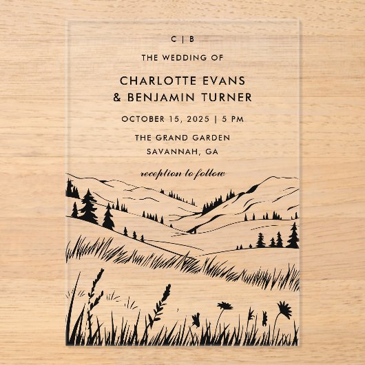 Black Mountain Landscape Wedding Acryl Uitnodigingen (Voorkant)