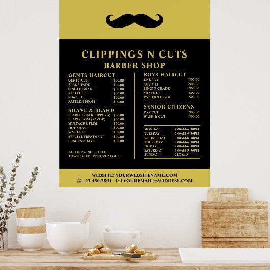 Black Moustache, heren kappers Prijslijst Poster (Keuken)