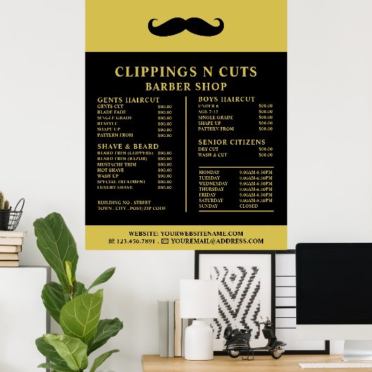 Black Moustache, heren kappers Prijslijst Poster (Thuiskantoor)