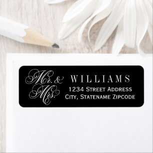 Black Mr en Mrs Script Wedding Return Address Etiket