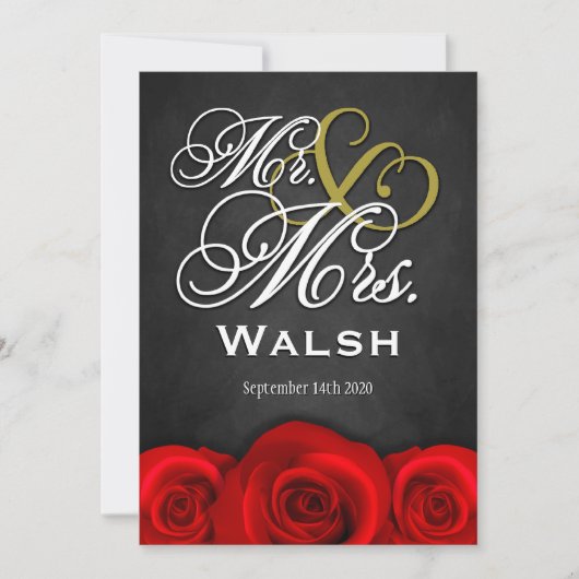 Black Mr & Mrs Red Rose Wedding Invitations Kaart (Voorkant)