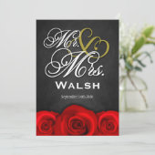 Black Mr & Mrs Red Rose Wedding Invitations Kaart (Staand voorkant)