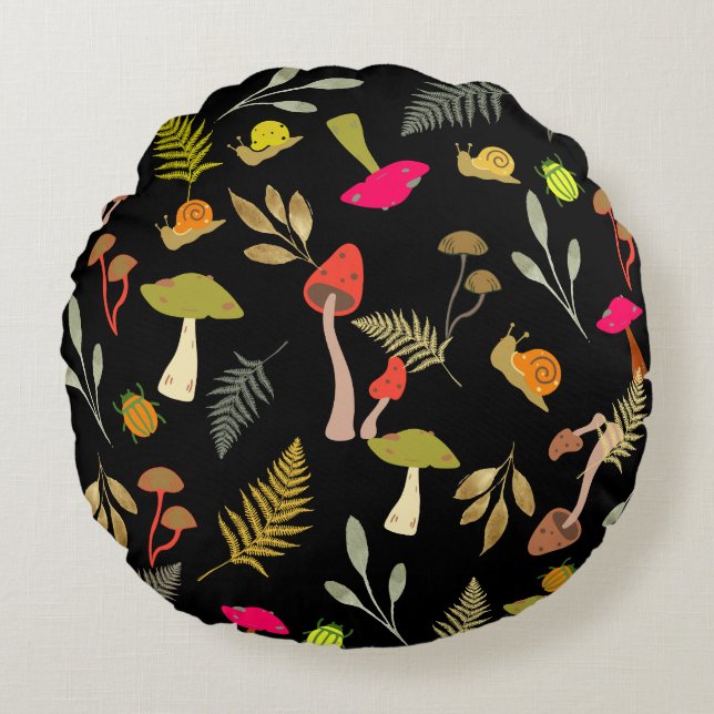 Black Mushroom Botanische Ronde Sierkussen Rond Kussen (Voorkant)
