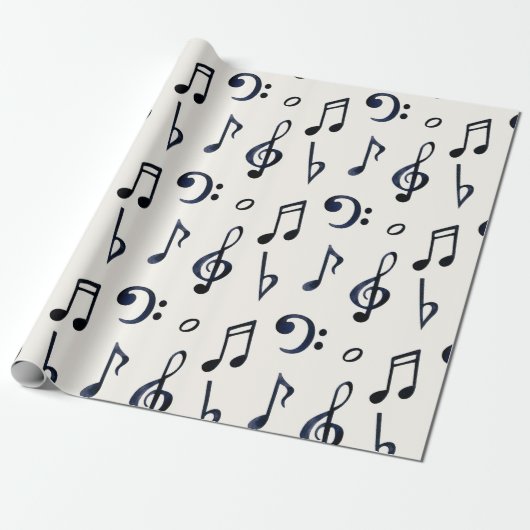 Black Musical Notes, Bass Treble Clefs on White Cadeaupapier (Uitgerold)