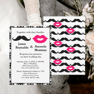 Black Mustache and Pink Lips Couple Wedding Invite Kaart