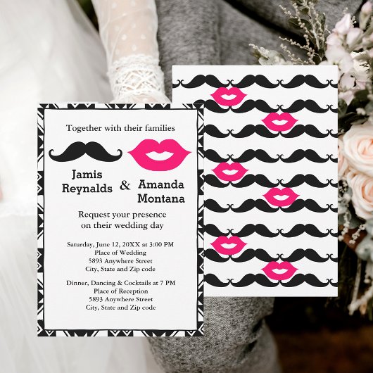 Black Mustache and Pink Lips Couple Wedding Invite Kaart