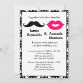 Black Mustache and Pink Lips Couple Wedding Invite Kaart (Voorkant)