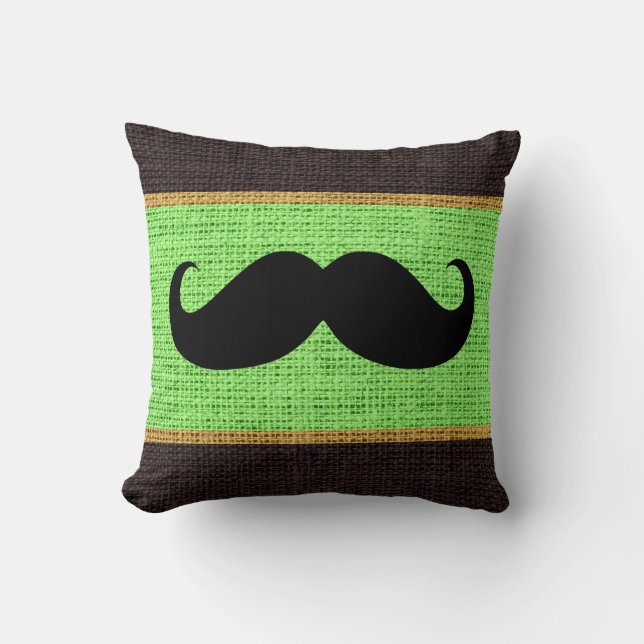 Black Mustache Mint Green Burlap Jute Background Kussen (Voorkant)