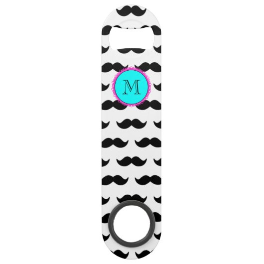 Black Mustache Pattern, Aqua Pink Monogram Speed Flessenopener (Achterkant)