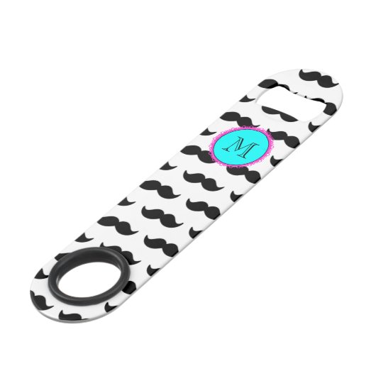 Black Mustache Pattern, Aqua Pink Monogram Speed Flessenopener (Achterkant Gekanteld)