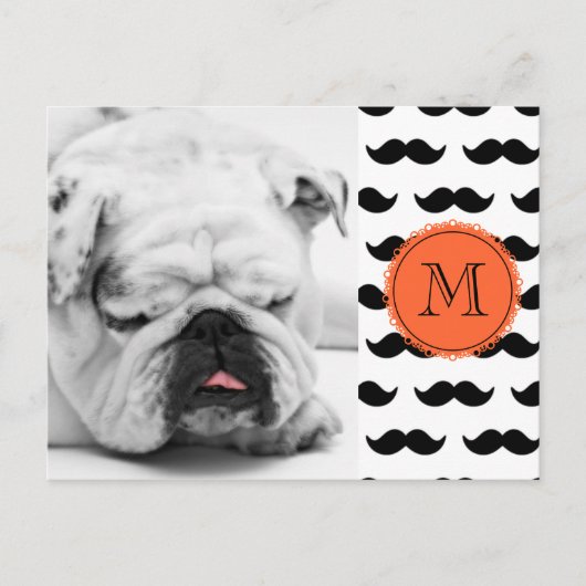 Black Mustache Pattern Coral Monogram Briefkaart (Voorkant)