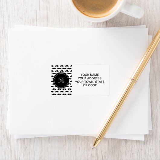 Black Mustache Pattern, Jouw Monogram Etiket (Insitu)