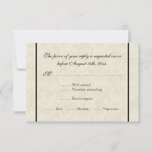 Black n Cream Fleur de Lis Damask Wedding RSVP Kaartje (Voorkant)