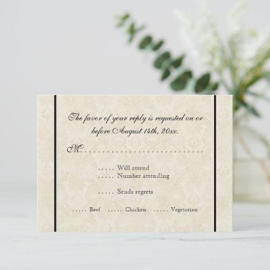 Black n Cream Fleur de Lis Damask Wedding RSVP Kaartje (Staand voorkant)