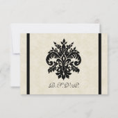 Black n Cream Fleur de Lis Damask Wedding RSVP Kaartje (Achterkant)