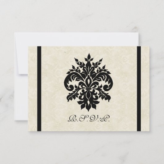 Black n Cream Fleur de Lis Damask Wedding RSVP Kaartje (Achterkant)
