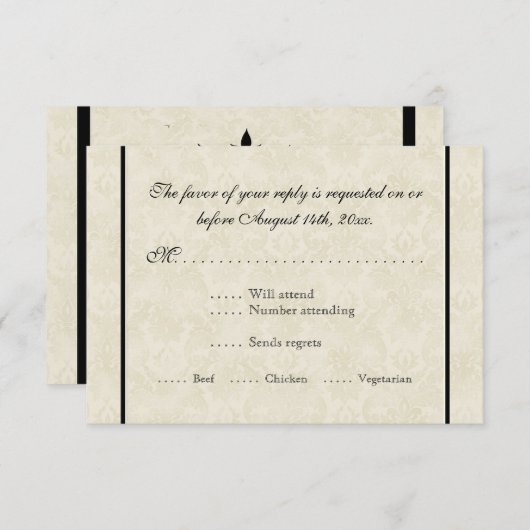 Black n Cream Fleur de Lis Damask Wedding RSVP Kaartje (Voorkant / Achterkant)