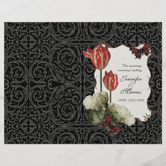 Black n Cream Red Tulip Damask - Weddenprogramma (Voorkant)