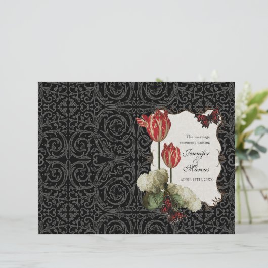 Black n Cream Red Tulip Damask - Weddenprogramma (Staand voorkant)