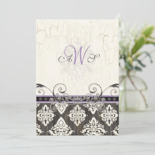 Black 'n White Damask (lila) bruiloft uitnodiging (Staand voorkant)