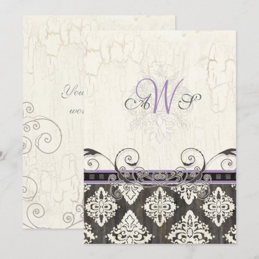 Black 'n White Damask (lila) bruiloft uitnodiging (Voorkant / Achterkant)