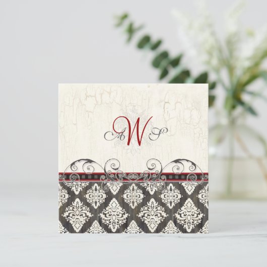 Black 'n White Damask (rood) Uitnodiging voor brui (Staand voorkant)