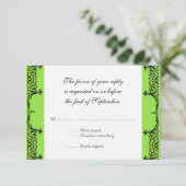 Black n White Fleur de Lis Damask Wedding RSVP Kaartje (Staand voorkant)
