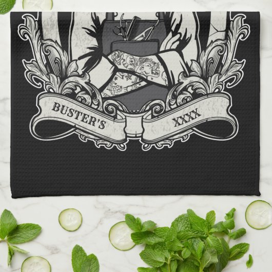 Black-n-White Hipster Barbershop personaliseren Theedoek (Gevouwen)