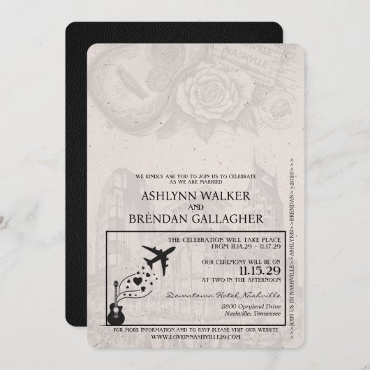 Black Nashville Passport Wedding Kaart (Voorkant / Achterkant)