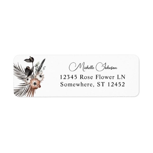 Black & Natural Floral Boho Return Address Label 2 (Voorkant)