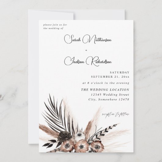 Black & Natural Floral Boho Wedding Kaart (Voorkant)