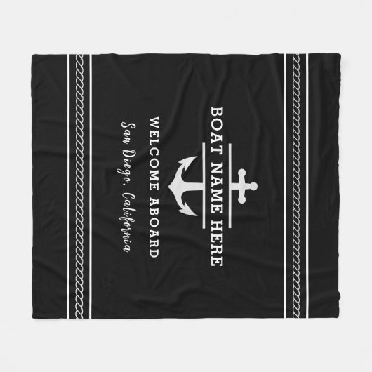 Black Nautical Boat Name Welcome Aboard Anchor Fleece Deken (Voorkant (Horizontaal))