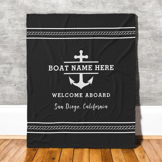 Black Nautical Boat Name Welcome Aboard Anchor  Fleece Deken
