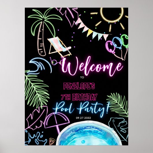 Black Neon Glow Waterverf Pool Party Welkom Poster (Voorkant)