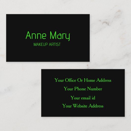 Black Neon Green Bright Script Make-up Artist Salo Visitekaartje (Voorkant / Achterkant)