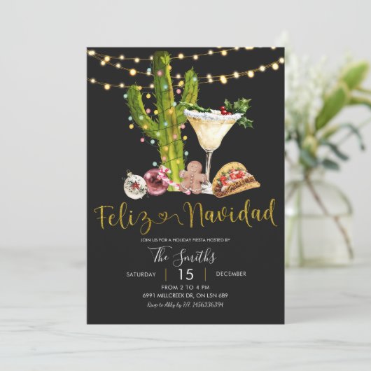 Black Neon Mexican Feliz Navidad Holiday Fiesta Kaart (Staand voorkant)