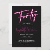 Black Neon Pink 40th Birthday Invitation Kaart (Voorkant)
