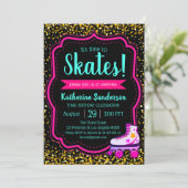 Black Neon Pink Gold glitter Roller Schaats Birthd Kaart (Staand voorkant)