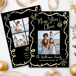 Black New Year Cheer 5 Photo Hand Drawn Real Gold Folie Feestdagenkaart