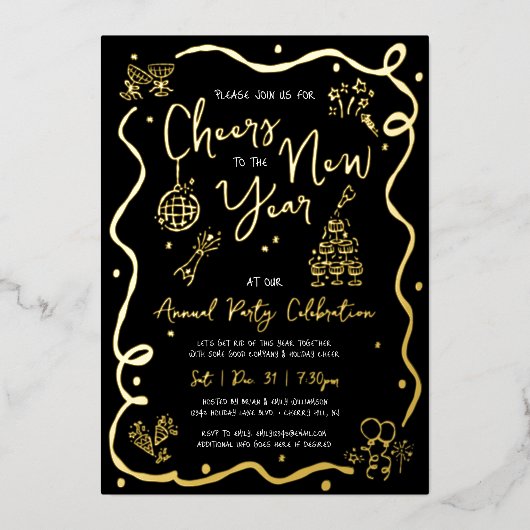 Black New Year Cheer Hand Drawn Party Real Gold Folie Uitnodiging (Voorkant)