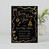 Black New Year Cheer Hand Drawn Party Real Gold Folie Uitnodiging (Staand Voorkant)