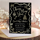 Black New Year Cheer Hand Drawn Party Real Gold Folie Uitnodiging