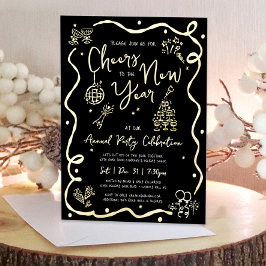 Black New Year Cheer Hand Drawn Party Real Gold Folie Uitnodiging