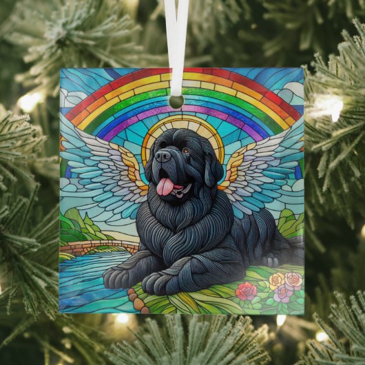 Black Newfoundland Angel onder Rainbow Suncatcher Glas Ornament (Insitu)