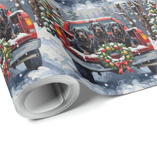 Black Newfoundland Christmas Red Truck Holiday Cadeaupapier (Rol Hoek)